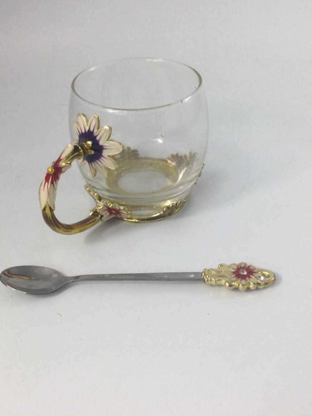 Daisy Flower Glass Brass Coffee Tea Mug Cup with Spoon